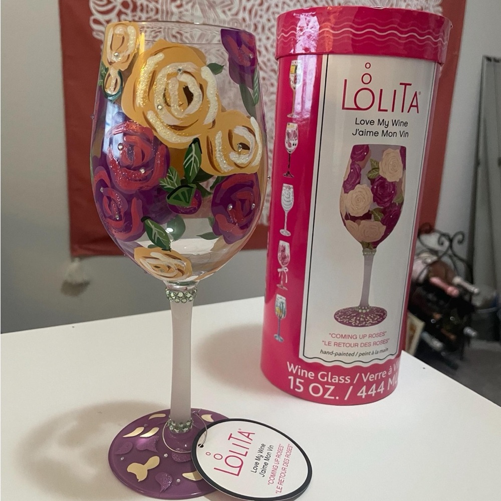 LOLITA Hand Painted Wine Glass, Purple Roses, Coming Up Roses 15oz, Gift For Her
